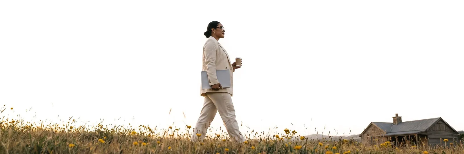 A woman in a pale suit walking through long grass and yellow wildflowers at golden hour, carrying a laptop and a takeaway coffee, a corrugated-roof cottage on the ridge behind her