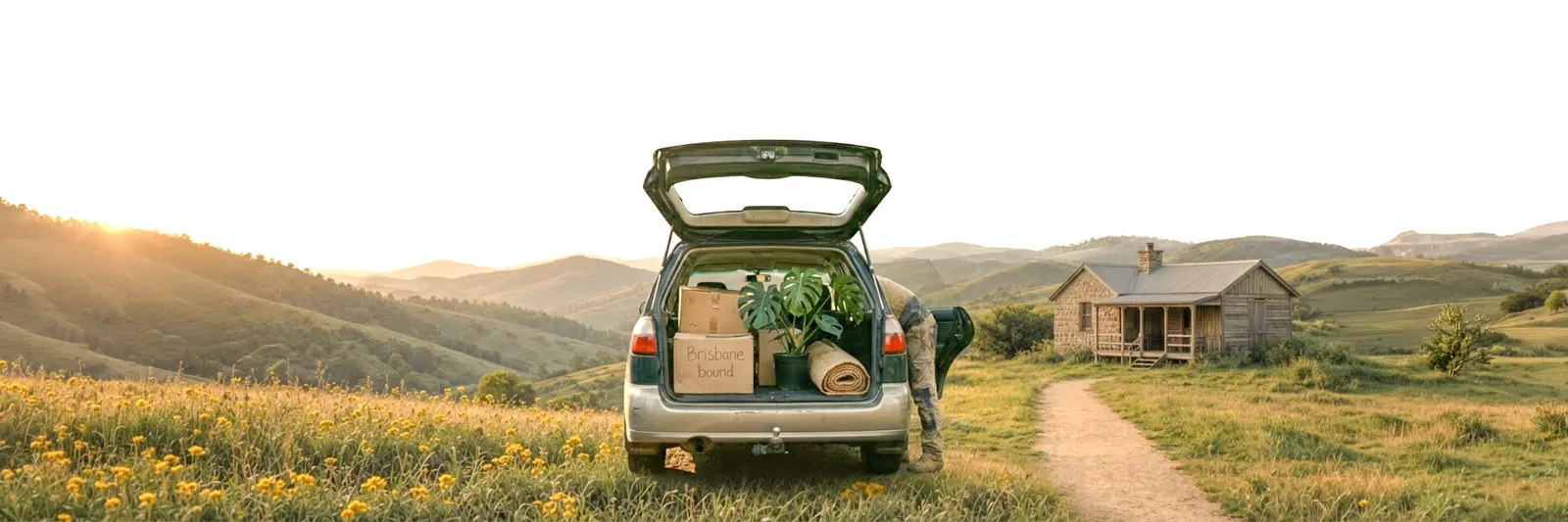 A loaded station wagon parked in a hillside meadow at sunrise, its boot open on boxes and a rolled rug, one box marked "Brisbane bound", a stone cottage on the track beyond it