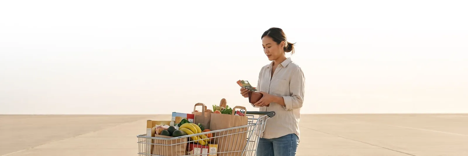 A woman standing beside a full supermarket trolley in bright open space, counting Australian banknotes from a leather wallet