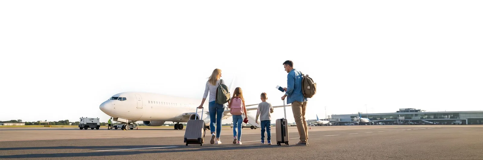 A family of four walking across an airport apron towards a white airliner in early morning light, two wheeling suitcases, the children carrying backpacks, one adult holding passports and boarding passes
